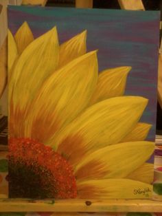 a painting of a yellow sunflower on a table