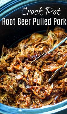 crock pot root beer pulled pork recipe in a slow cooker with tongs