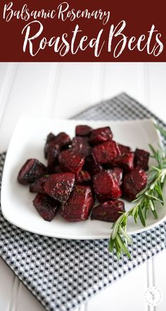 roasted beets on a white plate with rosemary sprig and text overlay