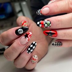 Nail Art Lover Cherry And Checkered Nails, Skull Cherry Nails, Black Nails With Cherries, Lucky Nails Design, Black Cherry Nails Design, Every Nail Different Design, Poker Nails Design, Black White And Red Nails, Race Day Nails