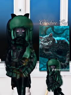 a digital painting of a cat in a green dress with a black cat on it's back