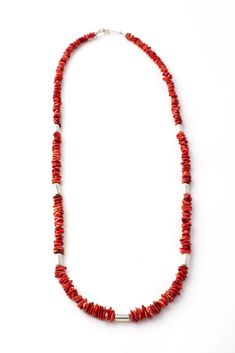 Add a punch of color to your wardrobe. Red Spiny Oyster and sterling silver make this 22" necklace a must have. Spiny Oyster is a shell primarily found in the warm waters of the Sea of Cortez, off the coast of Baja California. Native American craftspeople began using the stunning shell in their jewelry making after seeing the vibrant colors available. The polished shell pieces are accented with 7 handmade sterling silver tubular beads and finished with a sterling silver clasp. Sea Of Cortez, Silver Eagles, Spiny Oyster, Handmade Sterling Silver, The Coast, Sterling Silver Necklace, Sterling Silver Necklaces, Native American, Silver Necklace