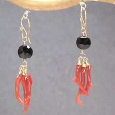 Black Spinel red branch coral earrings by CalicoJunoJewelry Hand-strung Red Coral Jewelry Gift, Elegant Red Coral Dangle Earrings, Red Coral Drop Earrings, Hand-strung Red Coral Jewelry, Hand-strung Round Red Coral Jewelry, Coral Earrings, Black Spinel, Earrings Inspiration, Vintage Bracelets