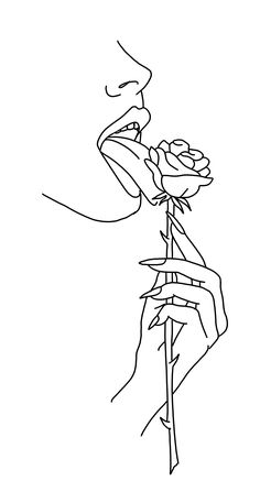 a black and white drawing of a person holding a flower