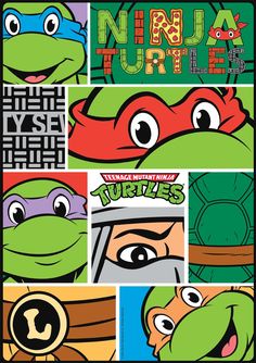 the teenage mutant ninja turtles poster is shown in various colors and styles, including green, red