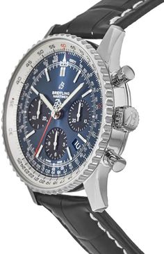 Model # AB012121/CA04/744P/A20D.1 NEW BREITLING MEN'S NAVITIMER 1 B01 CHRONOGRAPH 43 SPORT WATCH FOR SALE - With Manufacturer Serial Numbers - Swiss Made - Blue Dial with Black Sub-Dials - Index Hour Markers - Date Feature - Chronograph Feature     Large Red Central Chronograph Seconds Hand     30 Minute Counter Sub-Dial at 3 O'Clock     12 Hour Counter Sub-Dial at 6 O'Clock - Small Seconds Sub-Dial at 9 O'Clock - Slide Rule Feature - 70 Hour Power Reserve - Self-winding Automatic Movement     COSC Chronometer Certified - Breitling Caliber 01 - Vibrations Per Hour: 28,800 - Jewels: 47 - 6 Year Warranty - Guaranteed Authentic - Certificate of Authenticity - Manufacturer Box & Manual - Polished Stainless Steel Case - Black Leather Strap with Pattern - Cambered Scratch Resistant Sapphire Crys Rolex Women, Slide Rule, Authentic Watches, Watch For Men, Free Bracelet, Breitling Navitimer, 3 O Clock, Polished Stainless Steel, Watch Movement