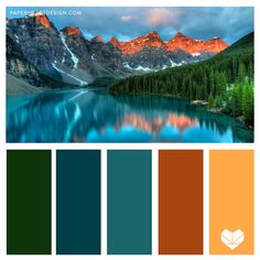 an image of the mountains and water with color swatches on it, including orange, green