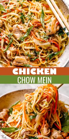 chicken chow mein in a bowl with chopsticks next to it and the title