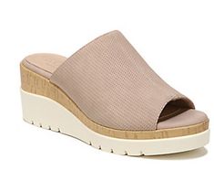 An easygoing slip-on, the Goodtimes wedge sandal features a comfortable footbed, cork detailing, and sun-kissed style that effortlessly takes you from the boardwalk to the sidewalk. From SOUL Naturalizer. Beige Wedge Sandals, Slip On Wedge Sandals, Casual Wedges, Fashion Shoes Sandals, Trending Sandals, Shoe Boxes, Footbed Sandals, Shoe Carnival, Jelly Sandals