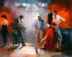 a painting of some people dancing in a dance hall with one man holding an accordion and the other woman wearing a red dress