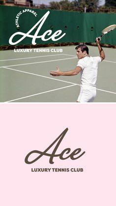 a man holding a tennis racquet on top of a tennis court next to an advertisement for the ace luxury tennis club