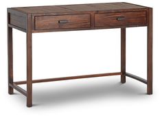 a wooden desk with two drawers on one side and an open drawer on the other