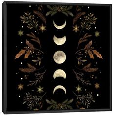 three phases of the moon on a black background with leaves and stars in the sky