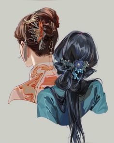 the back of two women's heads, one with long hair and flowers in her hair