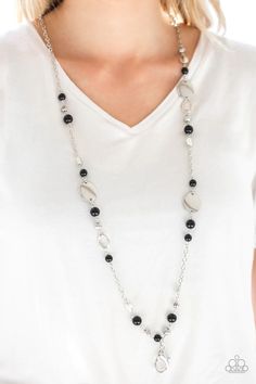 PAPARAZZI Serenely Springtime Black Lanyard Necklace & Earrings SET   This sale includes one Paparazzi 'Serenely Springtime Black Lanyard' necklace and one pair of matching dangle earrings: ► An array of polished black beads, silver-color discs, and ornate silver-color accents trickle along a shimmery silver-color chain for a whimsical look.  A lobster clasp hangs from the bottom of the design to allow a name badge or other item to be attached.  Features an adjustable clasp closure.  Sold as one Black Lanyard, Lanyard Necklace, Beaded Lanyards, Fish Hook Earrings, Paparazzi Accessories, Paparazzi Jewelry, Silver Accents, Necklace Earring Set, Black Beads