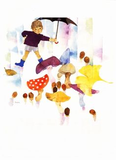 a watercolor painting of children playing in the rain with umbrellas and mushrooms on a white background