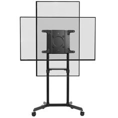 a tv screen on top of a black stand with wheels and glass panels over it