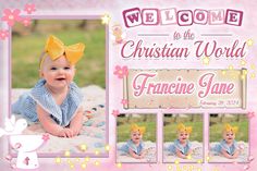 a baby girl with a yellow bow on her head is posing in front of a welcome sign