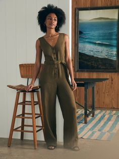 Linen Alina Jumpsuit - Military Olive | Faherty Brand Faherty Brand, Style Uniform, Office Fits, Tank Jumpsuit, Earthy Style, Swim Pants, Green Jumpsuit, Linen Jumpsuit, Uniform Fashion