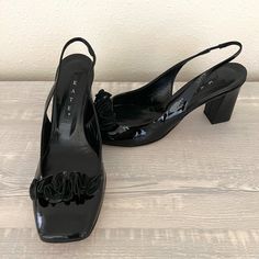 Never Been Worn. 3 Inch Heel. Gorgeous Black Sling Back, Closed Toed Shoe With A Lovely Black Frill Detainling On The Toe. Us Size 9 Casual Black Slingback Pumps With Block Heel, Black Slingback Pumps For Spring Formal, Spring Black Patent Leather Slingback Pumps, Black Patent Leather Slingback Pumps For Spring, Casual Evening Slingback Pumps With Block Heel, Black T-strap Slingback Sandals With Heel Strap, Black Slingback Sandals With 4-inch Heel And Ankle Strap, Closed Toed Shoes, Adjustable Black T-strap Slingback Sandals