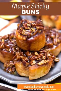 a plate with several best maple sticksy buns Maple Sticky Buns, Sticky Buns Recipes, Delicious Christmas Desserts, Best Brunch Recipes, Brunch Inspiration, Savory Meals, Sticky Buns, Decadent Cakes, Best Breakfast Recipes