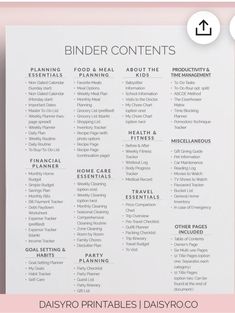 the printable binder contents list is shown