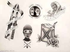 a drawing of some tattoos on a sheet of paper with words and symbols around it