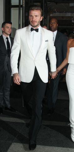 Victoria And David, Wedding Tux, Dressed In White, Groom Wedding Attire, David And Victoria Beckham, Groom Tuxedo, White Tuxedo