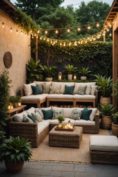 an outdoor patio with wicker furniture and string lights