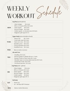 a printable workout schedule with the words'weekly workout schedule'in brown and white