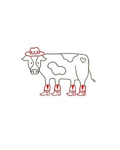 a drawing of a cow with red boots and a hat on it's head