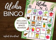 the aloha bingo game is shown on a wooden table with an image of tropical items