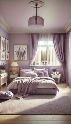 a bedroom with purple walls and curtains