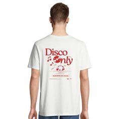 This sustainable and stylish unisex t-shirt features a striking "Disco Only" design and is made from 100% combed organic cotton. The high-quality 175gsm jersey fabric ensures a comfortable feel and a perfect fit. The t-shirt features a ribbed collar and stitched neck tape for added durability and comfort. Available in white, pink and purple, this shirt offers a versatile choice for any occasion. With its environmentally friendly production process and high-quality materials, this T-shirt is not only a fashion statement, but also a contribution to a more sustainable future. The "Disco Only" design on the front and back gives the shirt a unique look that is guaranteed to attract everyone's attention. White Organic Cotton T-shirt With Graphic Design, Organic Cotton Graphic Tee With Logo Print, White Organic Cotton T-shirt With Graphic Print, Summer Graphic Design Organic Cotton T-shirt, White Organic Cotton T-shirt For Streetwear, Unisex Organic Cotton T-shirt With Graphic Print, Gender-neutral Organic Cotton Graphic T-shirt, Unisex White Organic Cotton T-shirt, Sustainable Future