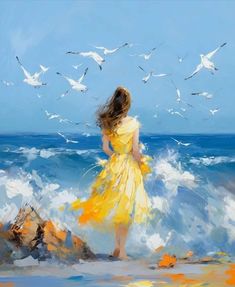 a painting of a woman in a yellow dress looking out at the ocean with seagulls flying overhead