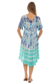 Thanks to a rich tie-dye print and breezy short sleeves, this summer dress inspires whimsy and positivity with each glance. Size 1X: 38'' long from center back neckline to hem Woven 100% rayon Machine wash; tumble dry