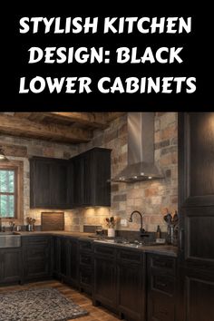 Stylish kitchen with black lower cabinets, wooden ceiling beams, and a stone backsplash. Kitchen Backsplash For Black Cabinets, Black Kitchen Cabinets With White Countertops, Ebony Stained Cabinets, Slate Kitchen Cabinets, Black Lower Kitchen Cabinets, Dark Lower Cabinets, Slate Kitchen, Stylish Kitchen Design