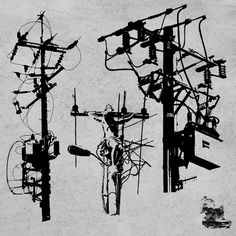 black and white photograph of telephone poles with wires