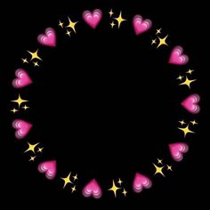 pink hearts and stars arranged in a circle on a black background with space for text