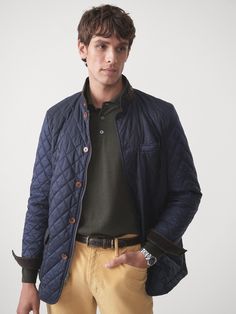 A sporting-inspired outerwear alternative to the blazer, our Upland Jacket is thoughtfully finished with suede trim and corduroy at the cuffs and features a zip front with an additional button-through storm flap for additional protection from the elements. | J.McLaughlin Men's Upland Quilted Jacket Navy, Size Medium | Nylon/Suede Quilted Jacket Men, J Mclaughlin, Men's Jackets, Quilted Jacket, Outerwear Jackets, Mens Jackets, Trim, Size Medium, Blazer