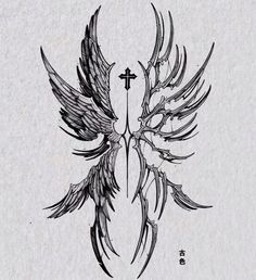 a cross and wings tattoo design on paper