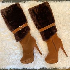 Brand New, Never Worn. Comes With Box And Original Protective Packaging, And Extra Pair Of Heel Replacements. Red Bottomed Knee High Brown Suede Platform Boots With Brown Fur And Silver Buckles. Perfect For Fall! Brown Heels With Suede Lining For Party, Brown Suede Lined Heels For Party, Brown Suede Party Boots, Brown Suede Boots For Party, Party Suede Brown Boots, Winter Brown Platform Heels, Long Heels, Shoe References, Boots With The Fur