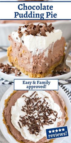 chocolate puddinging pie on a plate with text overlay