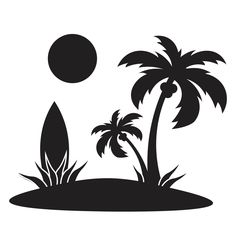 a black and white silhouette of two palm trees on an island with surfboard in the foreground