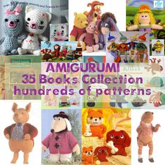 there are many stuffed animals in this collage with the words, amgurm 35 books collection hundreds of patterns