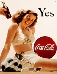 an advertisement for coca - cola featuring a woman in a bathing suit holding a bottle