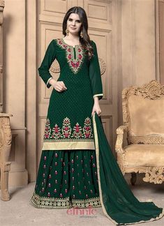 Green Faux Georgette Embroidery Work Party Wear Sharara Salwar Suit 225 Designer Sharara Suits, Dress Salwar Kameez, Punjabi Dress, Designer Suit, Sharara Suit, Georgette Dress, Pakistani Suits, Indian Attire