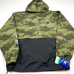 Brand: Champion Size: M Material: 100% Polyester ---- Measurements: 23" Chest (Pit-2-Pit) 28" Length 24" Sleeves ---- New With Tags! Casual Patchwork Windbreaker For Outdoor Activities, Casual Patchwork Windbreaker For Outdoor, Green Half-zip Streetwear Outerwear, Urban Camouflage Windbreaker With Pockets, Urban Style Camouflage Windbreaker With Pockets, Casual Camouflage Windbreaker For Streetwear, Sporty Camouflage Outerwear For Outdoor, Camouflage Windbreaker With Pockets For Streetwear, Urban Track Jacket With Patchwork For Outdoor