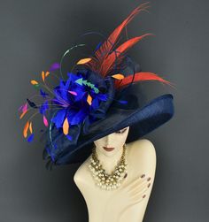 ✿*.Key Features.*✿ This is a wide brim hat with big feather Flower, Peacock feathers. One side upturn brim and the long feathers, very very beautiful. Highly recommended! There are other colors in M22020 style, Green, Black, Yellow gold, Royal blue, White, Orange, Peach, Champagne, Red, Ivory, Fuchsia and two-tone color. If want M22020F style, please contact Anna. Great for Kentucky derby, weddings, church, Easter, Royal Ascot, horse races, cocktails, tea party, or any hat wearing occasion. Hat base size: From the front to the back appr: 19"(48cm) From left to right appr: 17"(43cm) Wide brim Appr: 4.5~6.25" Head girth: 22.5"(57 cm), adjustable string inside to make smaller to fit your head. If you want other colors in this style, just search the same item code in my store, you will find th Feathered Hat For Royal Ascot Races, Ostrich Feather Hat For Royal Ascot Races, Wide Brim Top Hat With Feathers For Party, Kentucky Derby Costume Hat With Feathers And Curved Brim, Costume Hats With Feathers For Kentucky Derby, Party Hats With Feather Trim And Wide Brim, Royal Blue Curved Brim Hat For Party, Feathered Costume Hat With Curved Brim For Kentucky Derby, Party Wide Brim Hat With Feather Trim