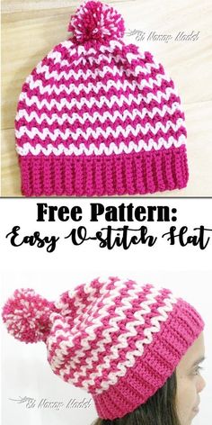 a pink and white knitted hat with text that reads, free pattern easy - to - stitch hat